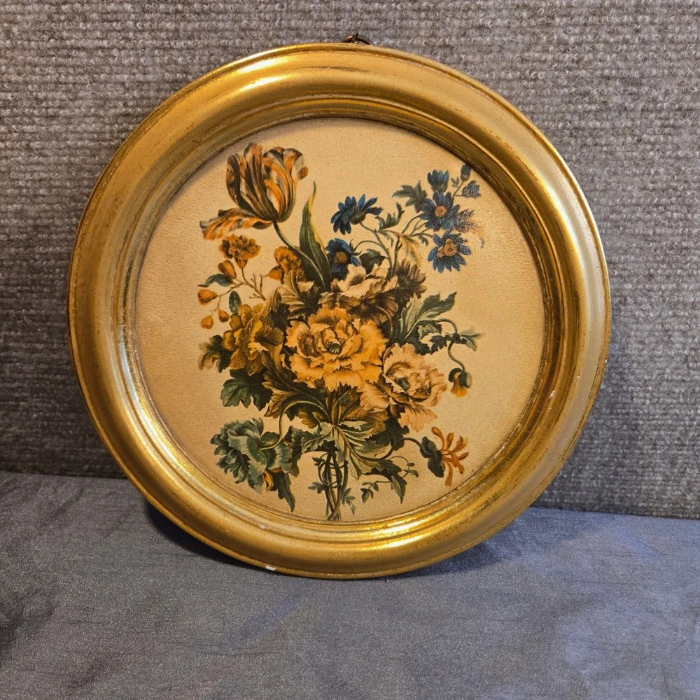 Vintage Borghese Floral Bouquet Round Gold Gilt Framed Wall Art Plaque 9.5‎ inch